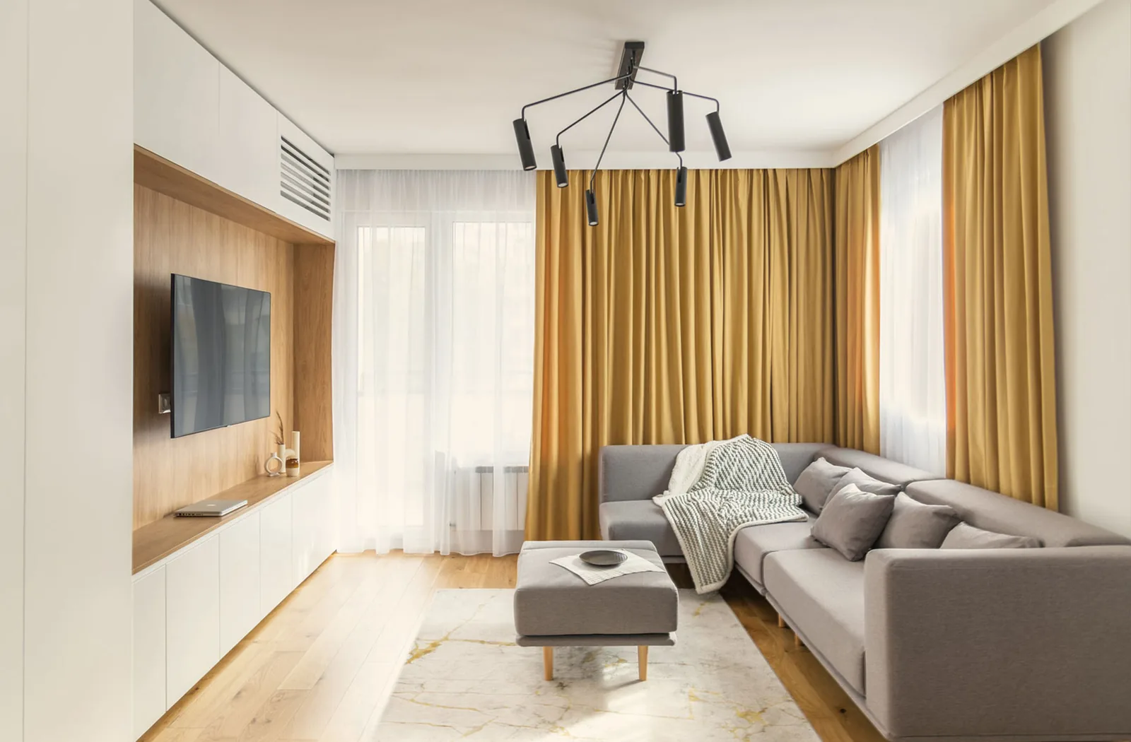 Clean living room with soft furnishings and a light floor rug